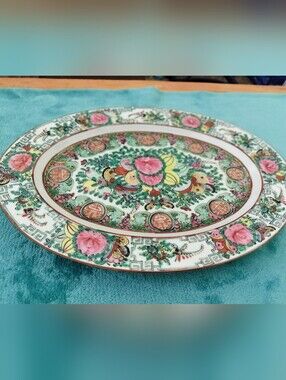 Vintage Rose Medallion Porcelain Oval Platter Hand Decorated Hong Kong 1960s